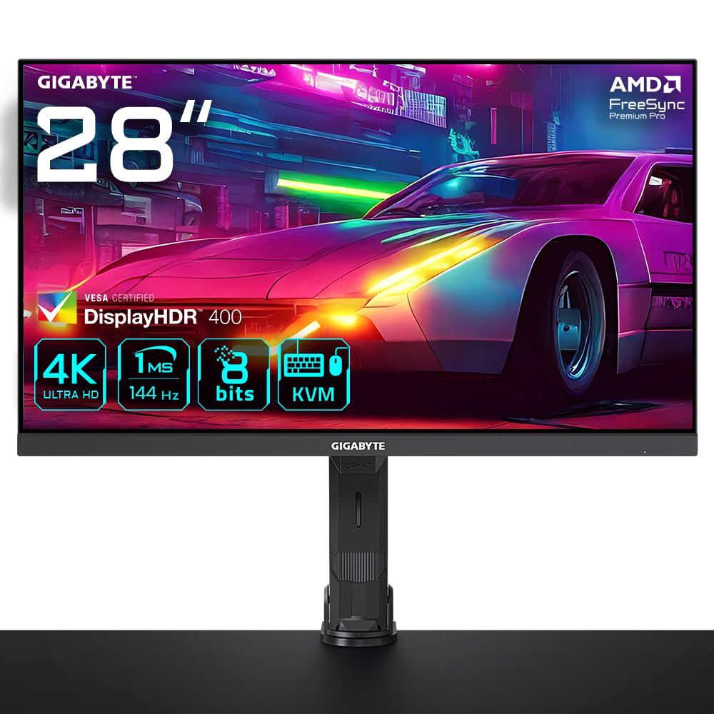 Gigabyte M28U 28" Monitor da Gioco 4K UHD Arm Edition - 3840 x 2160, 144Hz, 1ms, 250 cd/m², FreeSync Premium Pro, Display HDR400, HDMI 2.1, Displayport 1.4
