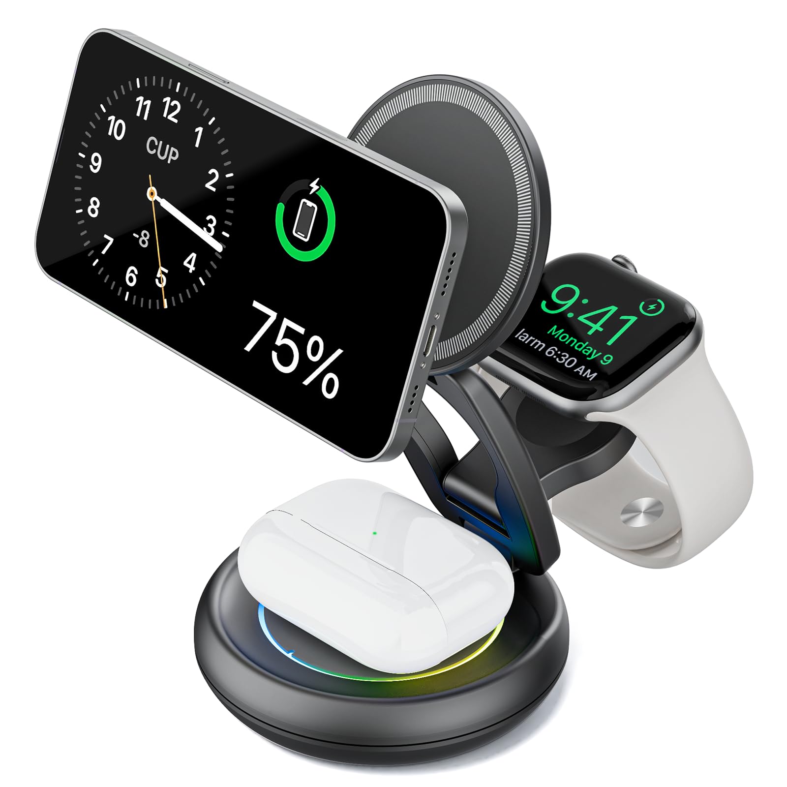 Stacja ładująca 3 w 1 do urządzeń Apple, indukcyjna stacja ładująca do iPhone 16 15 14 13 12 11 Pro Max, do Apple Watch 10/9/Ultra/8/7/6/SE/5/4/3, do AirPods Pro 4 3 2