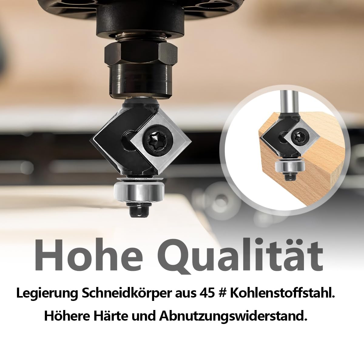 45 Grad FräSer Fasefräser 8mm Schaft, mit 4 Stück Wendeplatten, Bevel Einfassung Austauschbare-Klinge Oberfräse Fräser, für Schneiden einer 45-Grad-Fase an der Holzkante
