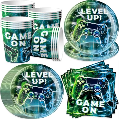 pekifaves Louça de festa de videojogos para 16 convidados, guardanapos, copos, pratos de papel descartáveis, conjunto de aniversário para crianças, decoração de festa de videojogos