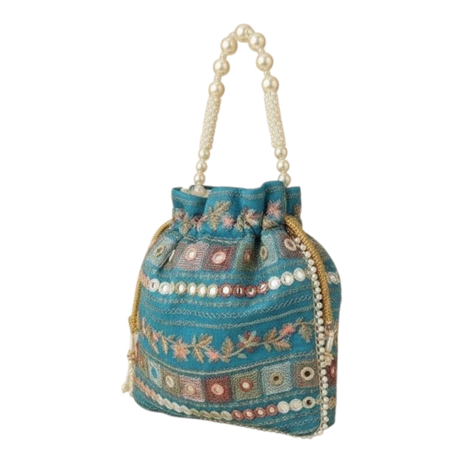 Mirror Work Potli Bag for Women with Pearl Beaded Handle, Embroidered Ethnic Drawstring Pouch for Wedding, Bridal, Party, Festive & Return Gifts-image-0