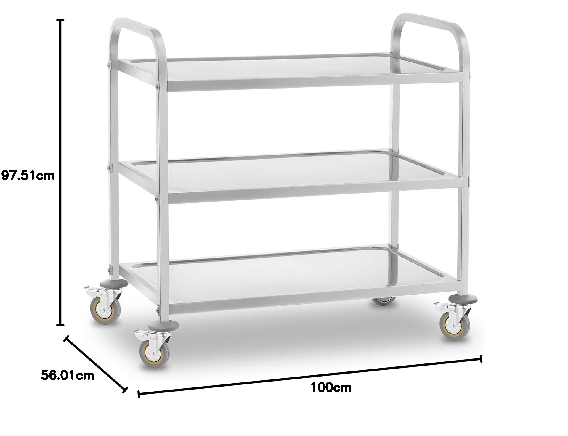 Royal Catering Carro de Servicio de Postre Cocina con Ruedas 3 bandejas RCSW 3 (101 x 55 x 96,5 cm, Capacidad de Carga: 480 kg, Grosor de los estantes 3 cm)