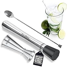finality Mojito Muddler Bar Tool Set, 3 PCS Cocktail Set Mixing Tools Stainless Steel Cocktail Muddler with Cocktail Spoon Long Handle and Jigger for Mojitos Fruit Drinks (Stirrer Spoon - RPM)