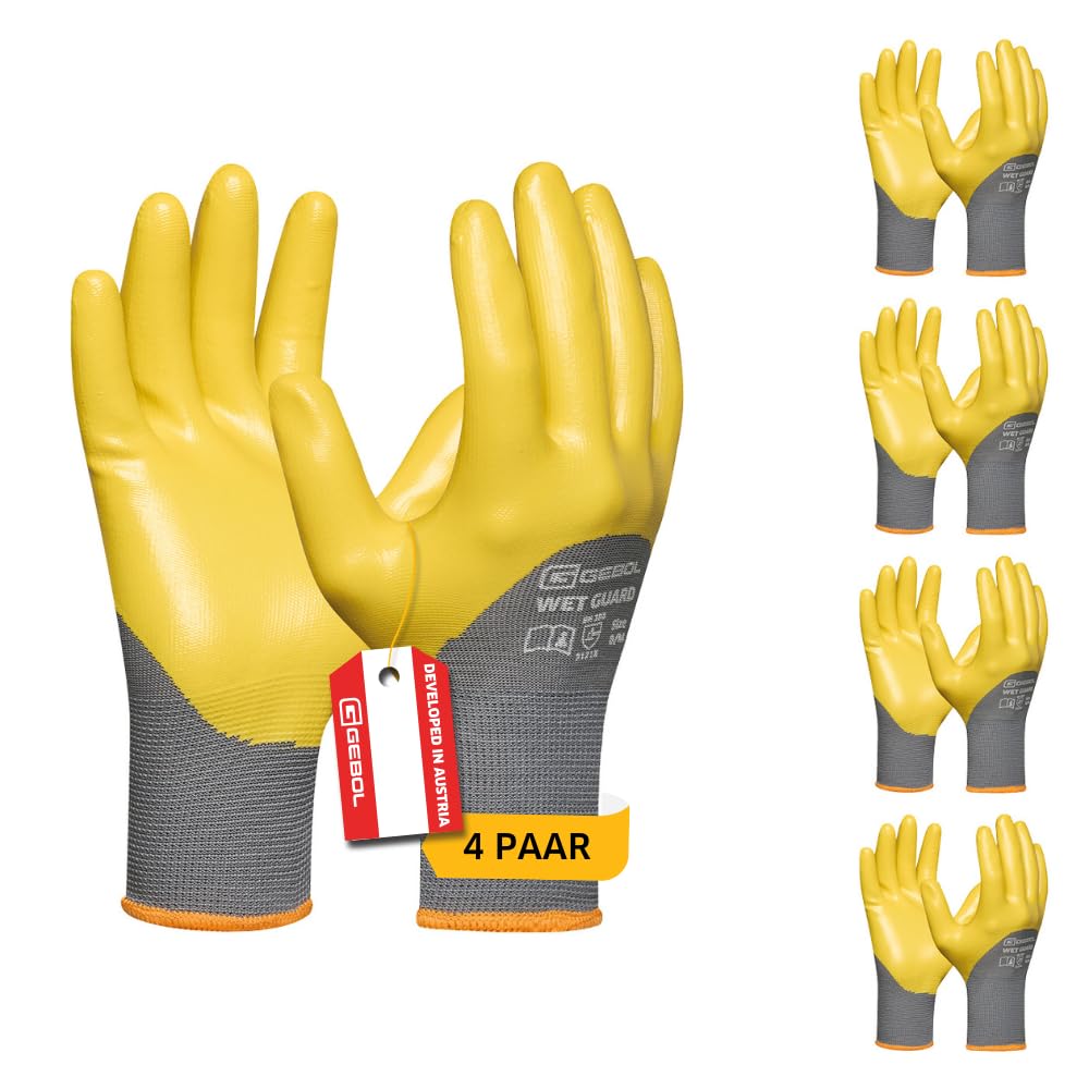 Gebol Wet Guard 4 Pairs Nitrile Coated Work Gloves, Waterproof Assembly Gloves with 3/4 Coating and Non-Slip Grip, Size XL/10, Yellow