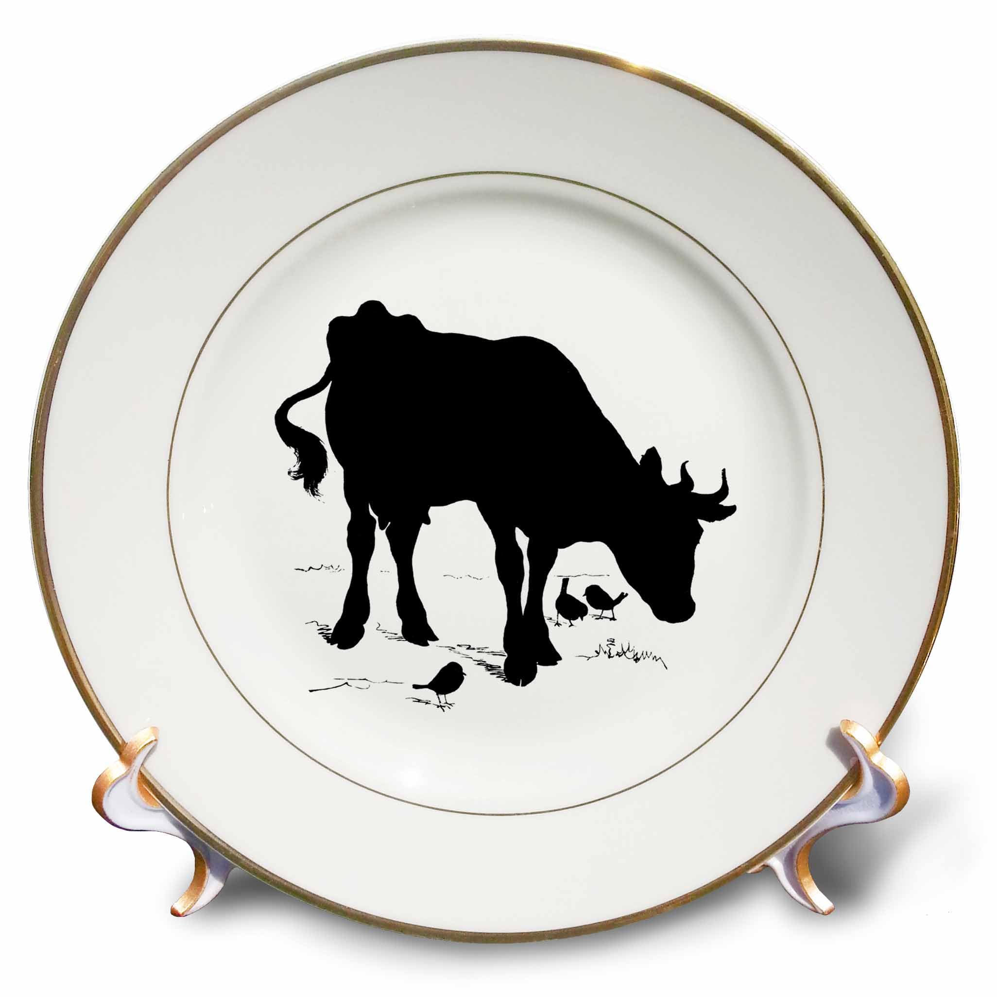 3dRose Print of Silhouette Of Cow And Birds - Porcelain Plate, 8-inch