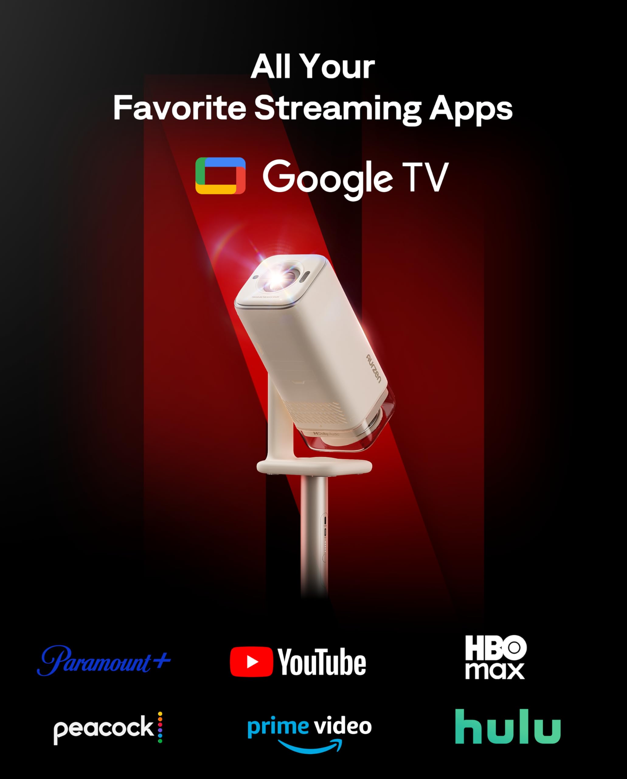 Aurzen BOOM Air Portable Google TV Projector with WiFi and Bluetooth, Smart Projector for Outdoor & Home Movie, USB-C Powered, 4K Supported, Real-Time Focus, Dolby Audio, Adjustable Stand, Off-White