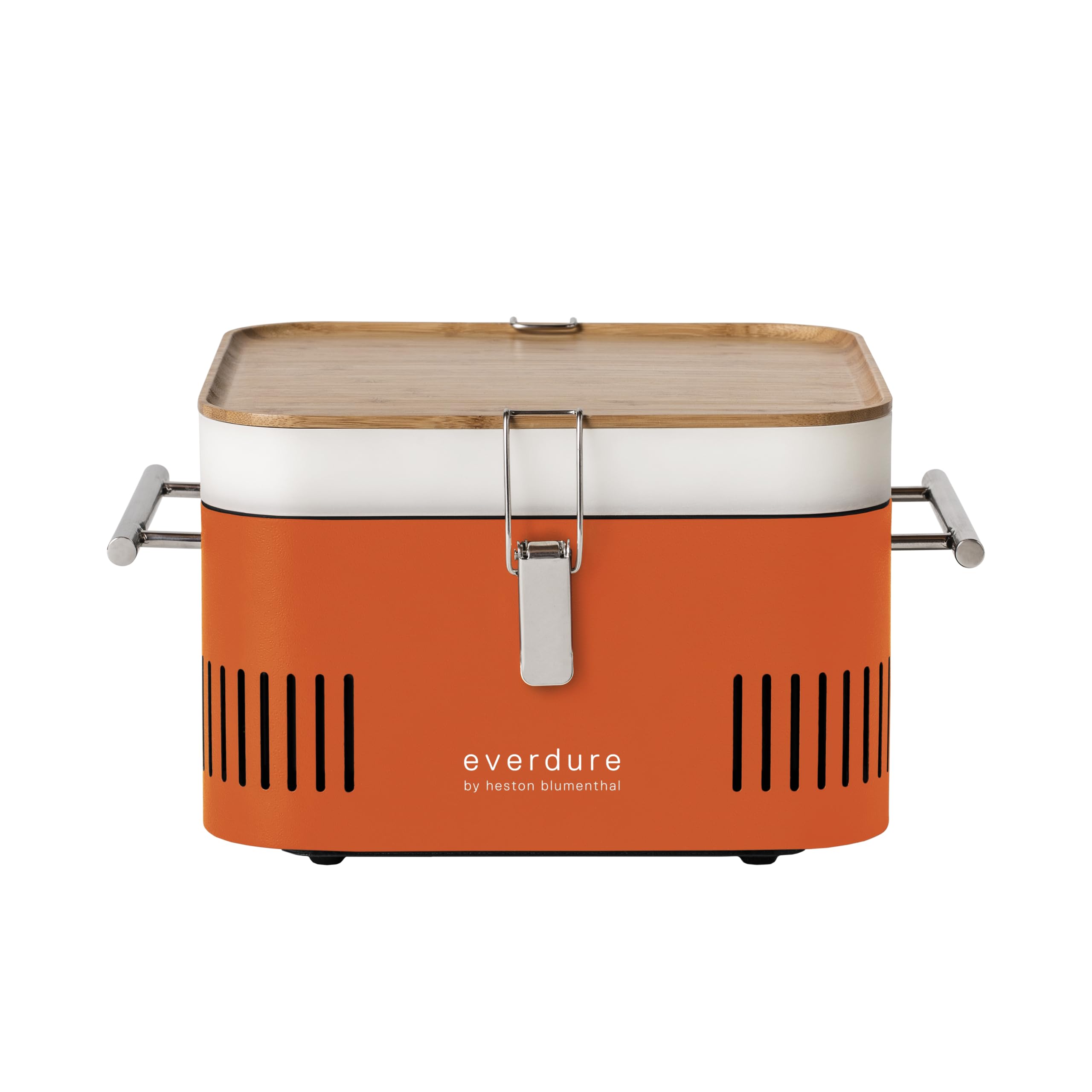 Everdure by Heston Blumenthal Cube Portable Charcoal BBQ Grill – Compact Travel Barbecue with Bamboo Tray, Chrome Rack, Porcelain Enamel Firebox & Cool Touch Handles – Outdoor Camping BBQ in Orange