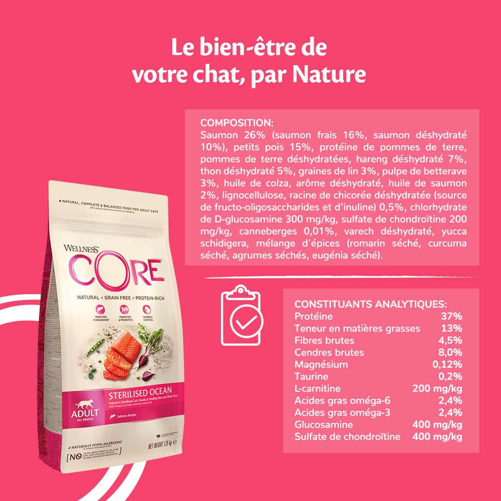 WELLNESS CORE Océan Stérilisé 4 kg, Saumon – Croquettes pour Chats Stérilisés, sans Céréales, Naturelles, Hypoallergénique, Riche en protéines, À Haute Teneur en Poisson, Peau Saine & Pelage Brillant