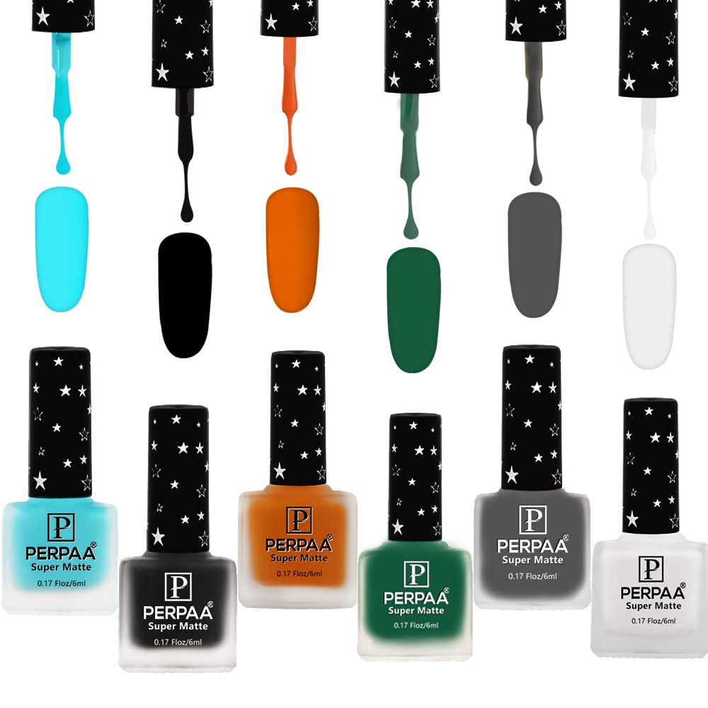 PERPAA® Super Matte Luxury Nail Polish Set of 6 Vibrant Shades 6 ML Each (White,Mint,Dark Green,Black,Rust,Grey)