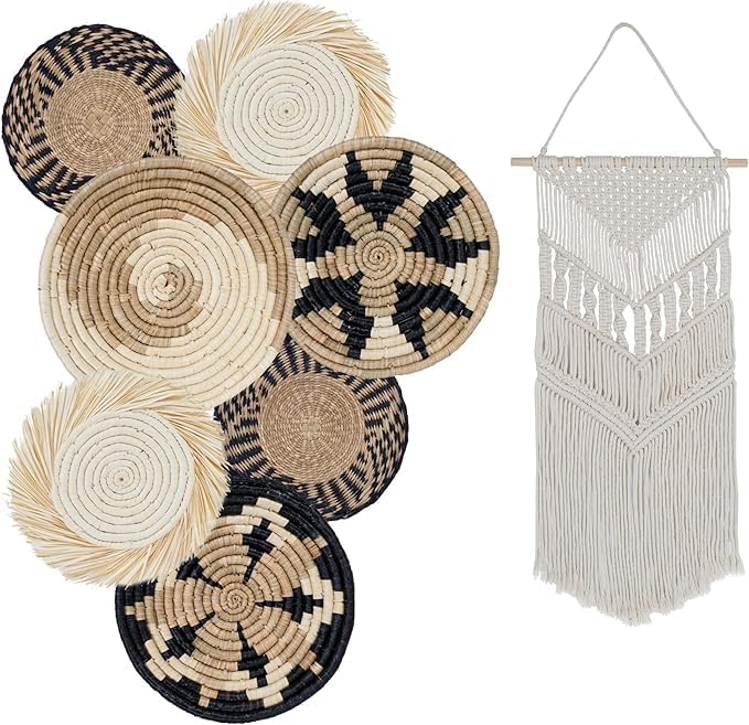 Boho Wall Basket Decor Set – 7 Seagrass Woven Baskets + Macrame | Handcrafted Natural Wall Art | Ready to Hang with Hooks Included | Boho Scandinavian Home Decor for Living Room Bedroom Entryway
