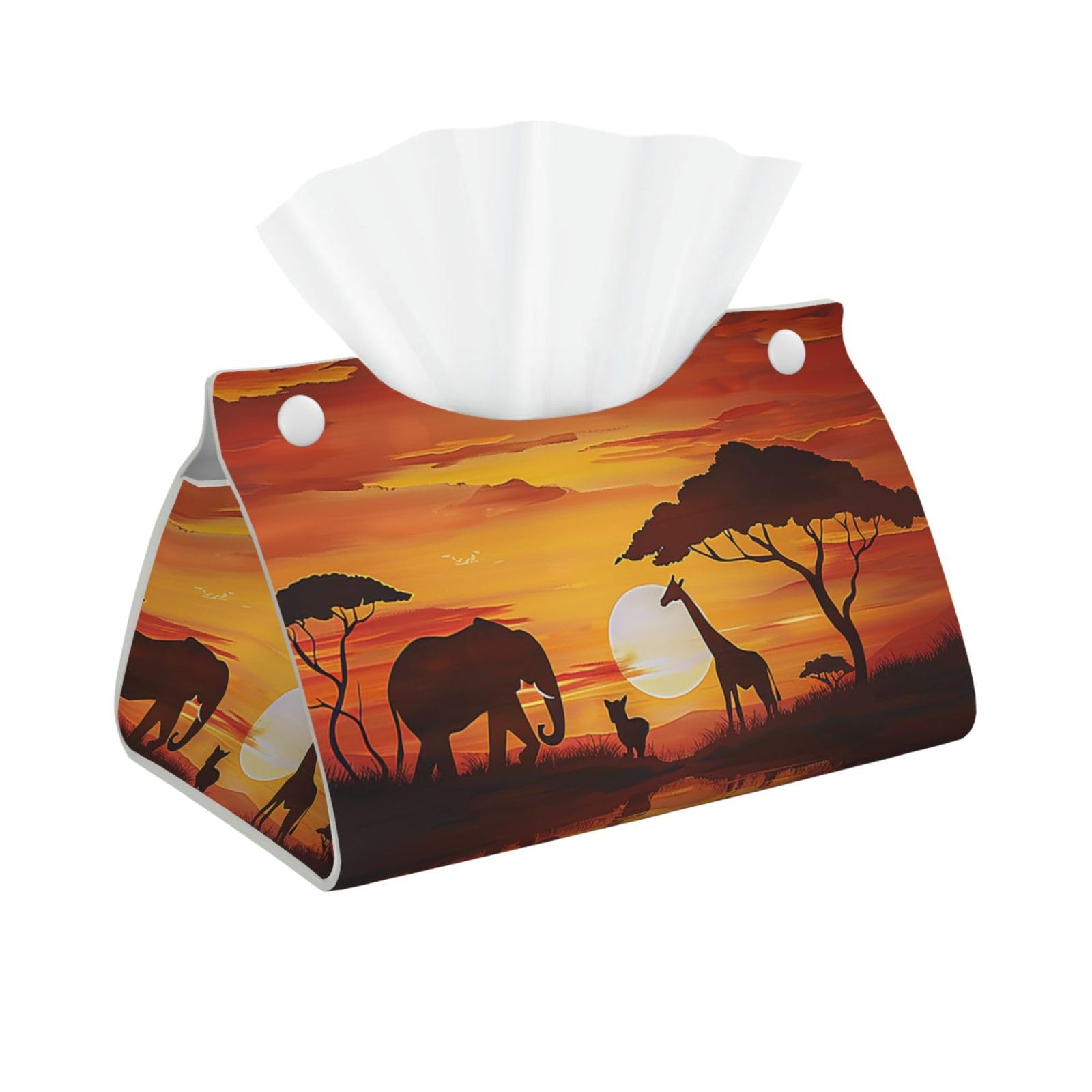 Elephant and Giraffe in The Sunset Print Tissue Box Cover Foldable Tissue Storage Box Leather Tissue Cube Box Holder for Living Room Bedroom Office Car Home Decor