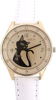 Qtqgoitem Women Faux Leather Band Cat Pattern Analog Quartz Wrist Watch White (Model: 51c 6a6 3a4 f70 5fd)