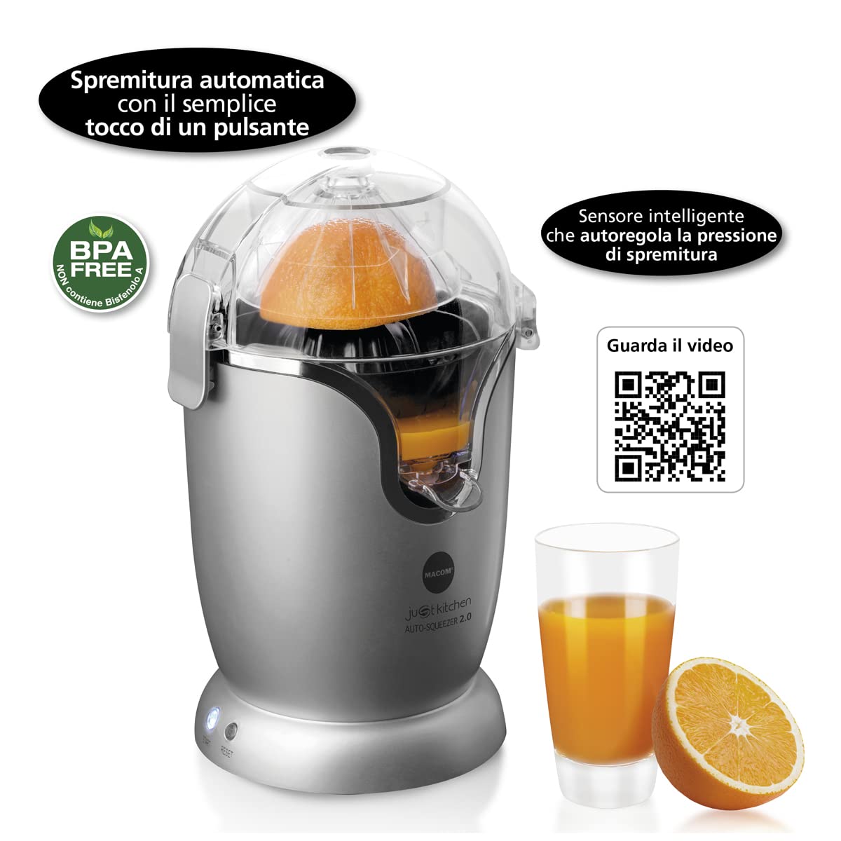MACOM 874 Spremiagrumi Auto Squeezer 2.0, completamente Automatico, spreme con il semplice tocco di un Pulsante tutti gli agrumi, completamente smontabile per una facile pulizia