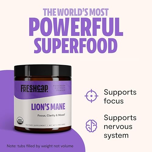 Miniatura 2 de FreshCap Polvo de cerebro y concentración de hongos de melena de león orgánico - Suplemento de 212oz - Claridad mental y enfoque - Añadir al
