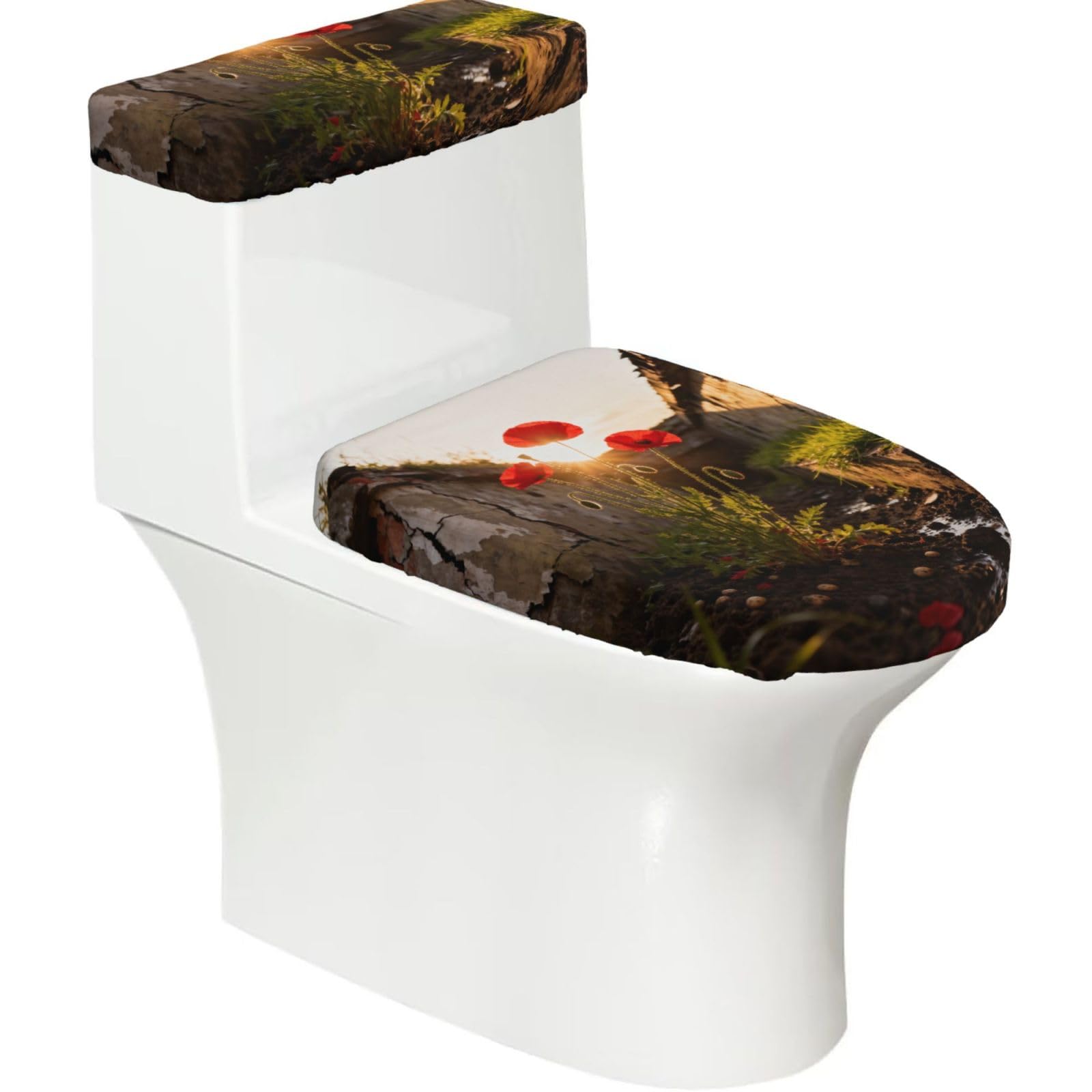Cntdbu Black Trench Flower Bloom Stretchy Toilet Lid And Tank Cover Set-Soft Elastic Bathroom Decor For U Shape Oval
