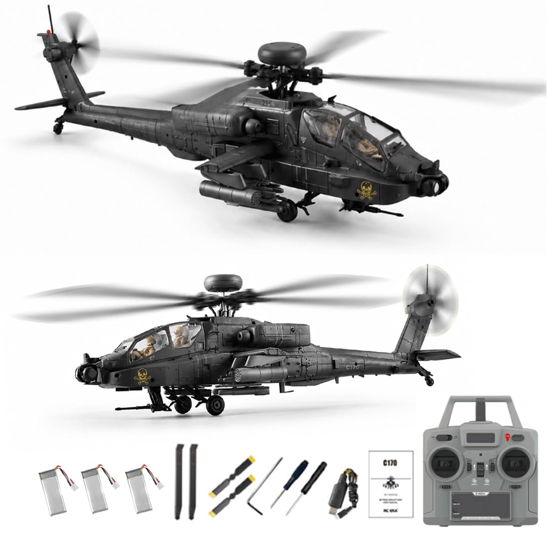 RC-ERA C170 AH-64D 1/48 Elicottero RC Flybarless, 6CH Aeromobile Radiocomandato con Potenza Brushless, Posizionamento in Sospensione con Flusso Ottico, Decollo e Atterraggio con un Tasto