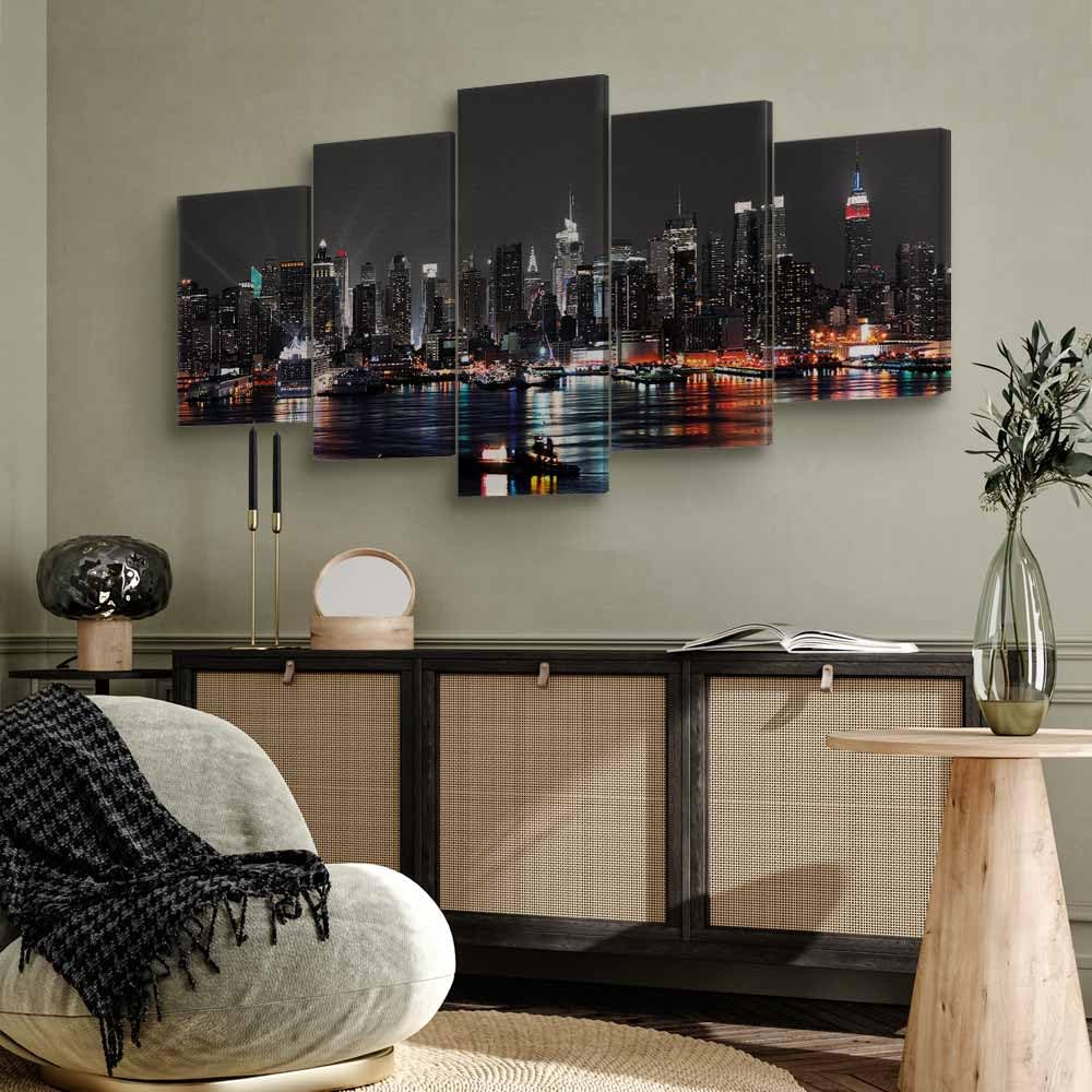 Cuadros B&D XXL - Cuadro en Lienzo New York City 225x112 cm Impresión de 5 Piezas Material no Tejido decorativo Cuadros Grandes Para Dormitorios Impresión de Pared Noche Nueva York d-A-0022-b-n