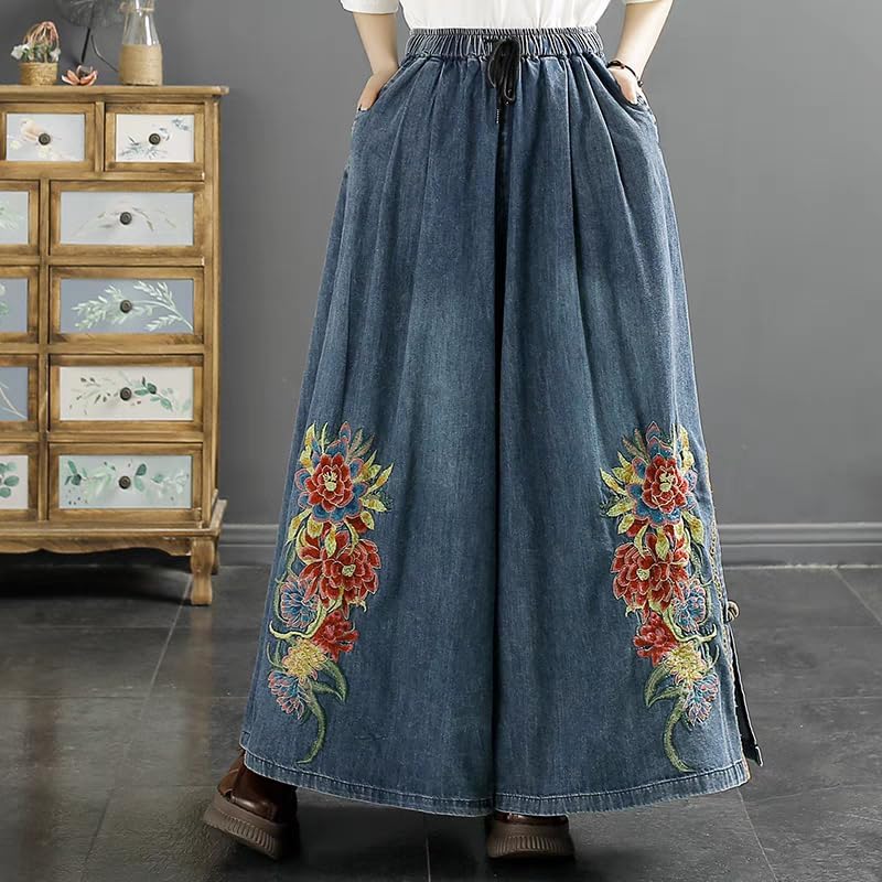 Duberess Womens Loose Cropped Jeans with Embroidery Wide Leg Denim Pants Harem Trousers with Pockets - Image 7