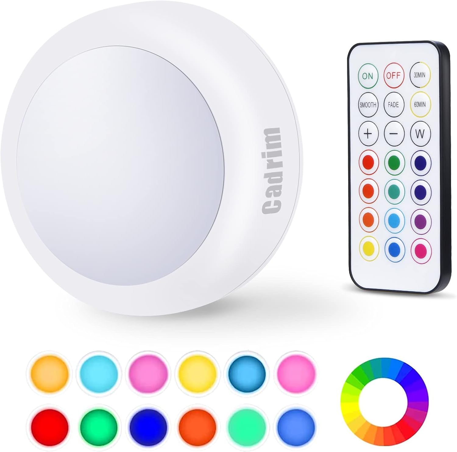 Cadrim Puck Lights – LED Color Changing, Dimmable Under Cabinet Lights with Wireless Remote Controls for Kitchen (1 Pack)