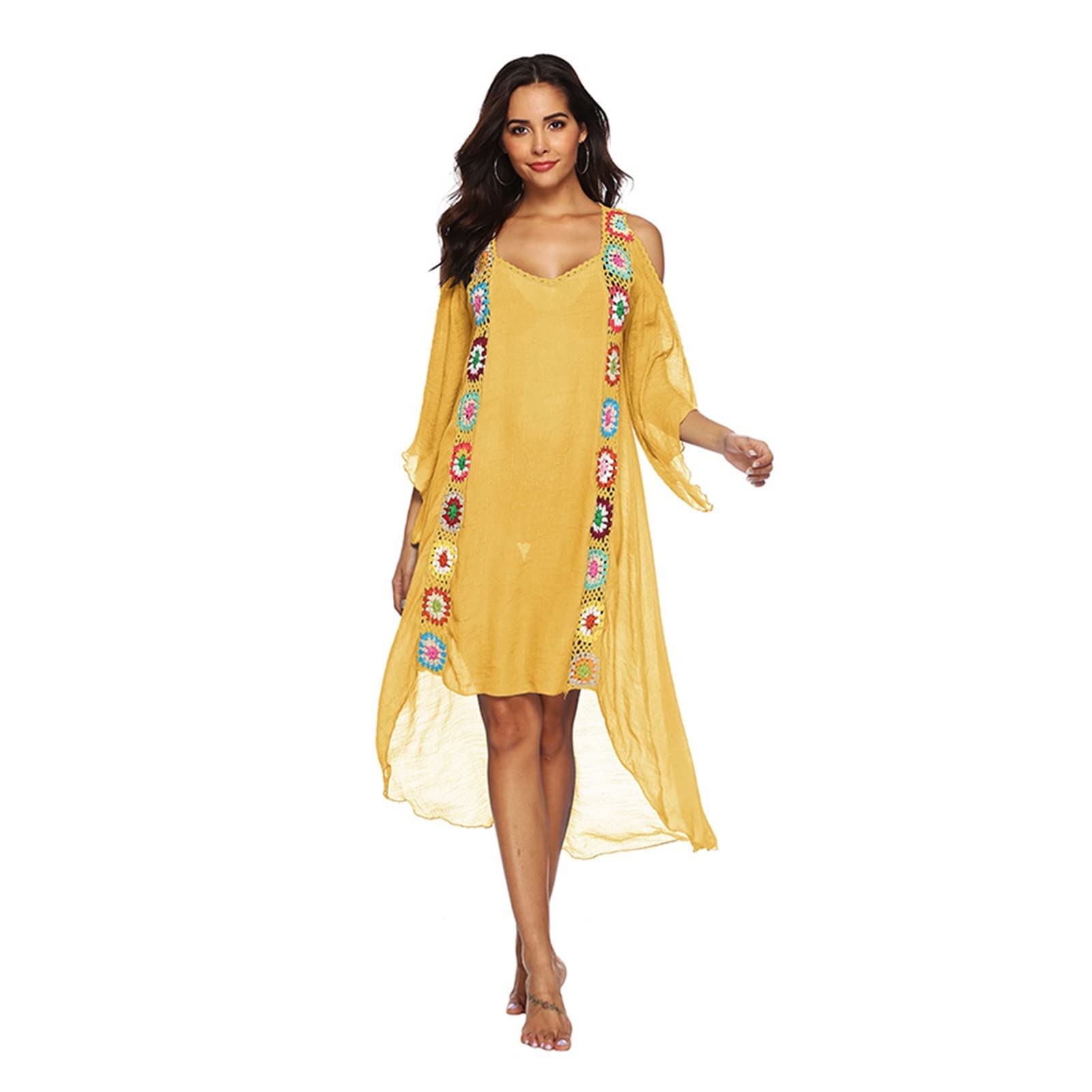 ZZSRJ Vestido de Playa de Damas Encubrimiento de Crochet Traje de baño Cubierta de túnica natada de natación Ropa de natación fit Damas túnica (Color : Yellow Cover up, tamaño : One Size)