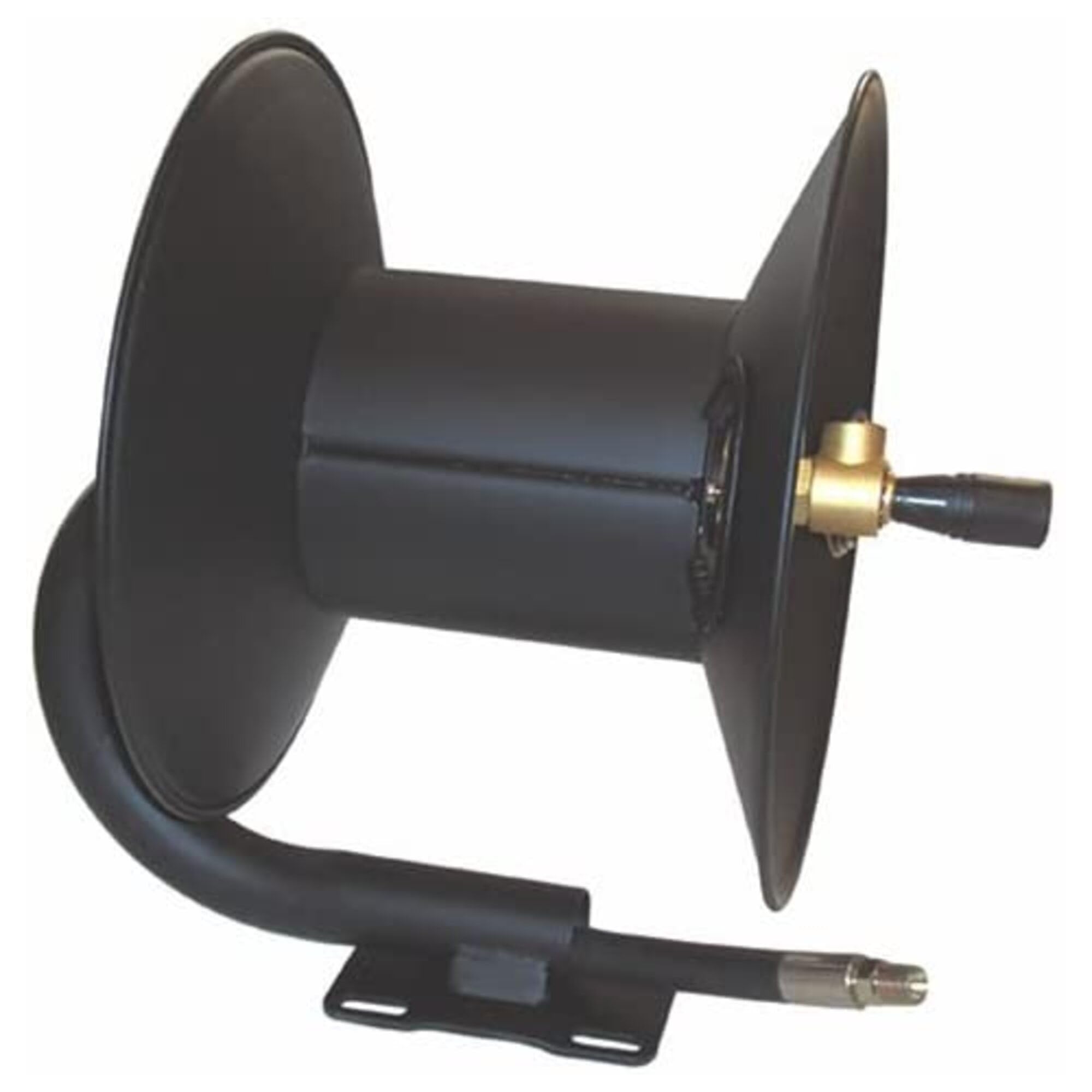 4000 PSI 3/8" Male x 3/8" Female 100' Painted Hose Reel by MTM Hydro – 16"L x 14"W x 13"H, Steel, Brass, Black, Model 27.0004