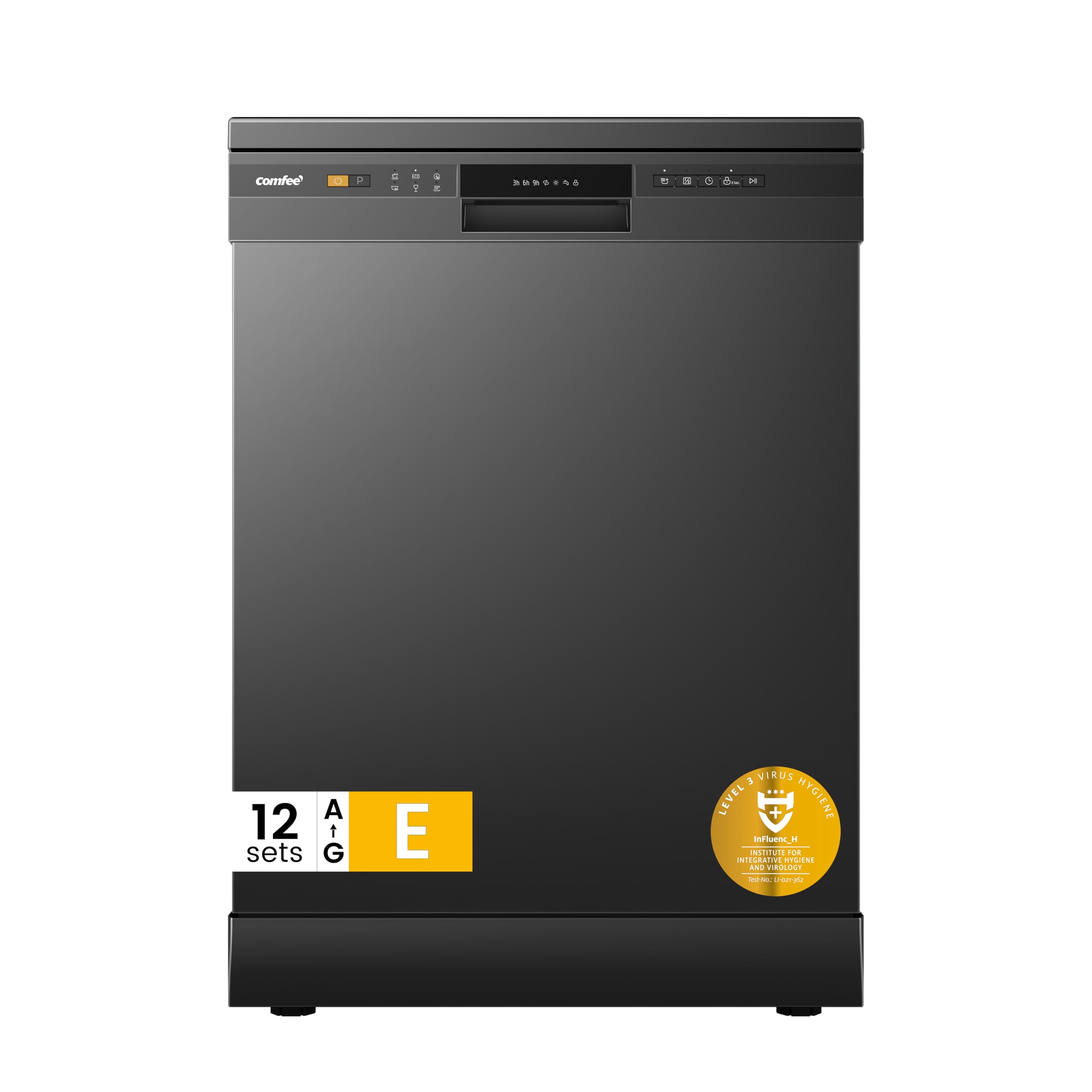 COMFEE' Freestanding Dishwasher CDWPF1201PB-UK 60cm Width, Full Size Dishwasher with 12 place settings, Quick Wash, Hygiene Wash, Delay Start, Half Load - Black [Energy Class E]