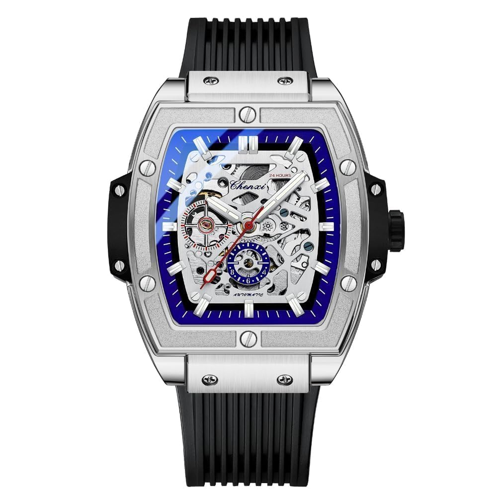 Reloj cuadrado cuadrado mecánico automático de alta calidad con cinta de silicona hueca impermeable y luminoso para hombre, plateado, Negocios