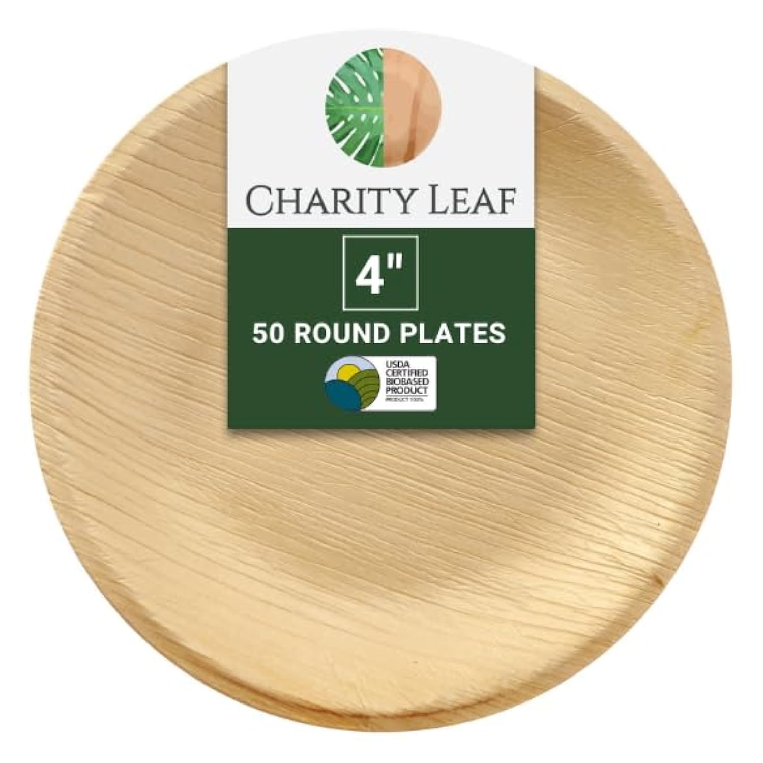 Charity Leaf Jednorazowe okrągłe talerze z liści palmowych 10 cm (50 sztuk) bambusowe talerze do serwowania, jednorazowe deski, ekologiczna zastawa obiadowa na wesela, catering, imprezy