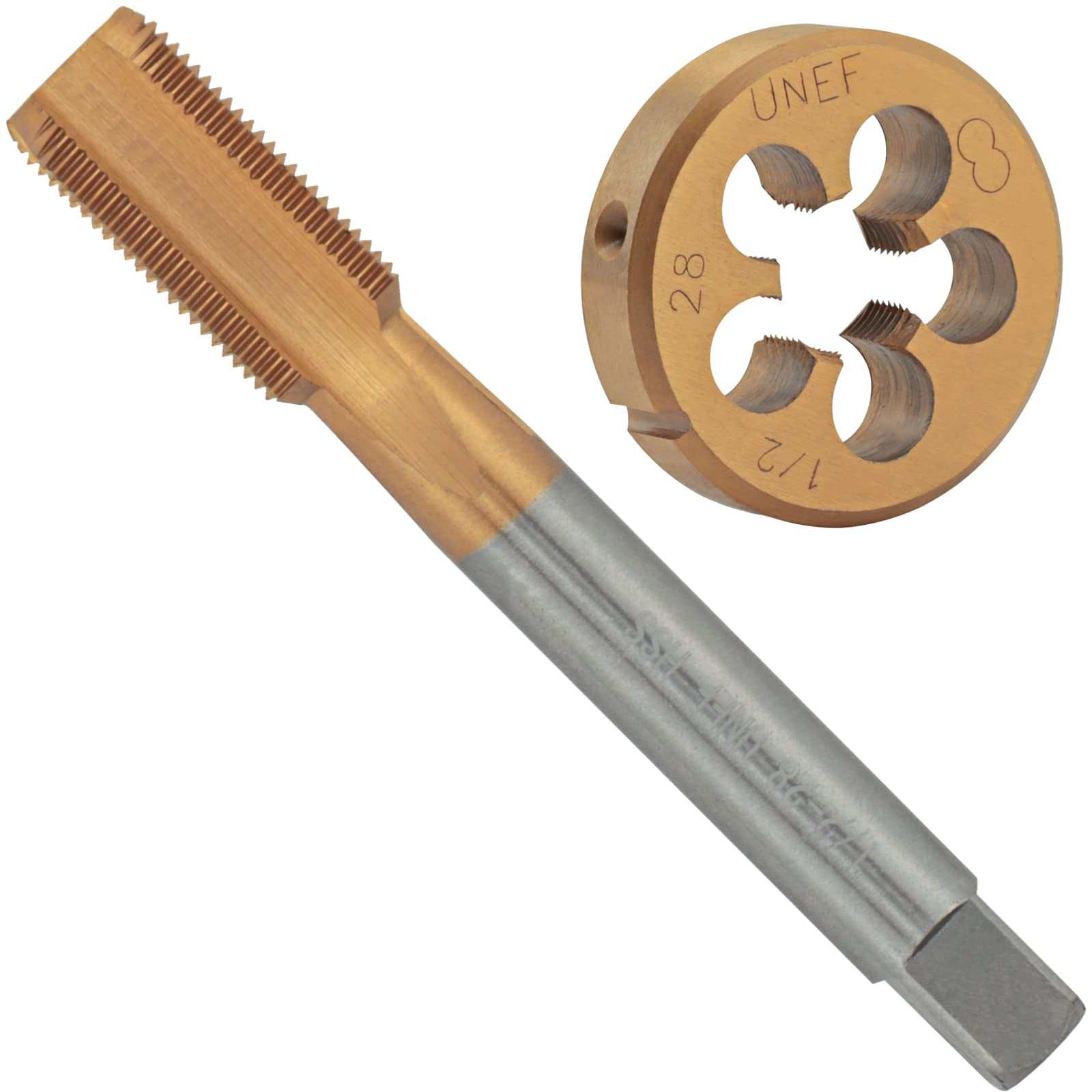 Aceteel 1/2"-28 UNEF Ti-Coated Tap and Die Set, Titanium Coated 1/2 x 28 UNEF HSS Thread Tap and Alloy Tool Steel Round Die Right Hand