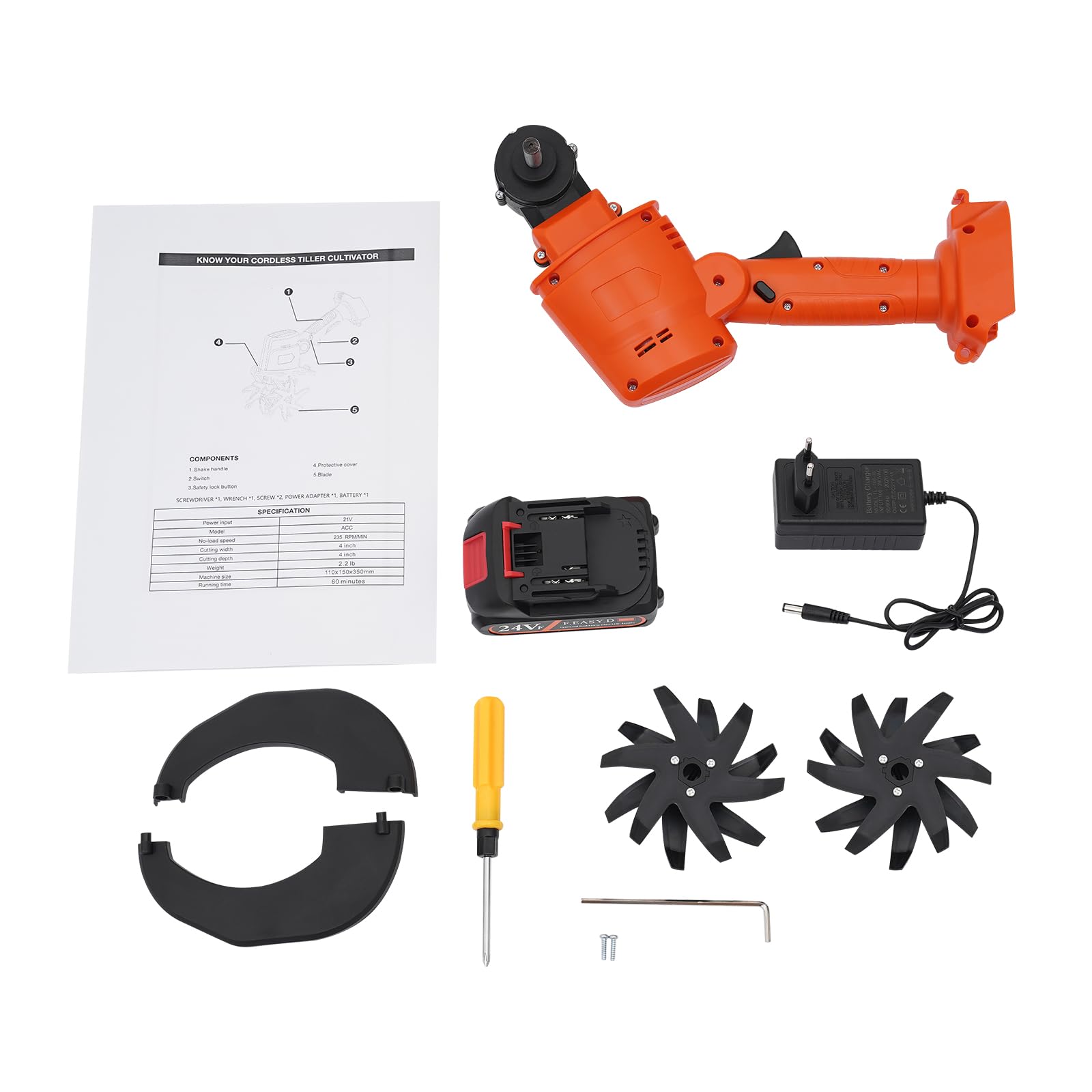 Motoazada con batería de 21 V con cuchillas de 65 Mn, 235 rpm, azada inalámbrica para jardín, con cubierta protectora, azada de jardín manual para jardines, patios, ancho de trabajo y profundidad: 10
