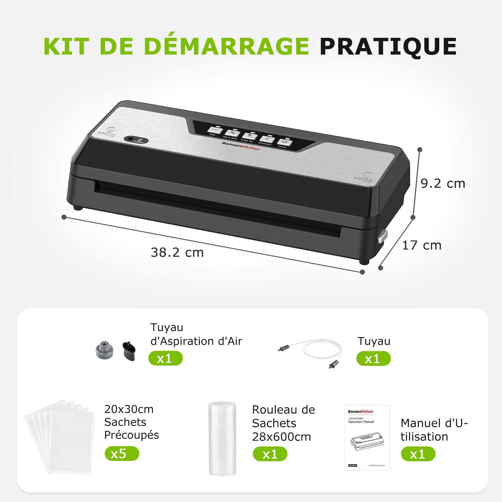 Bonsenkitchen Machine sous vide avec coupe-sac intégré, rangement, 1 rouleau et 5 sacs prédécoupés, pour cuisson sous vide, Noir