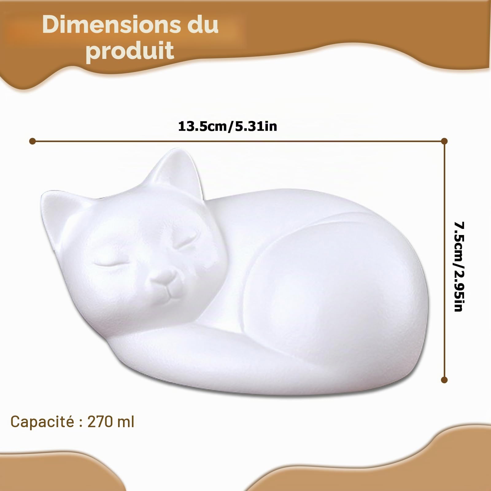 Urne commémorative en céramique pour cendres de chat et chien endormi (blanc mat, chat, 270 ml)