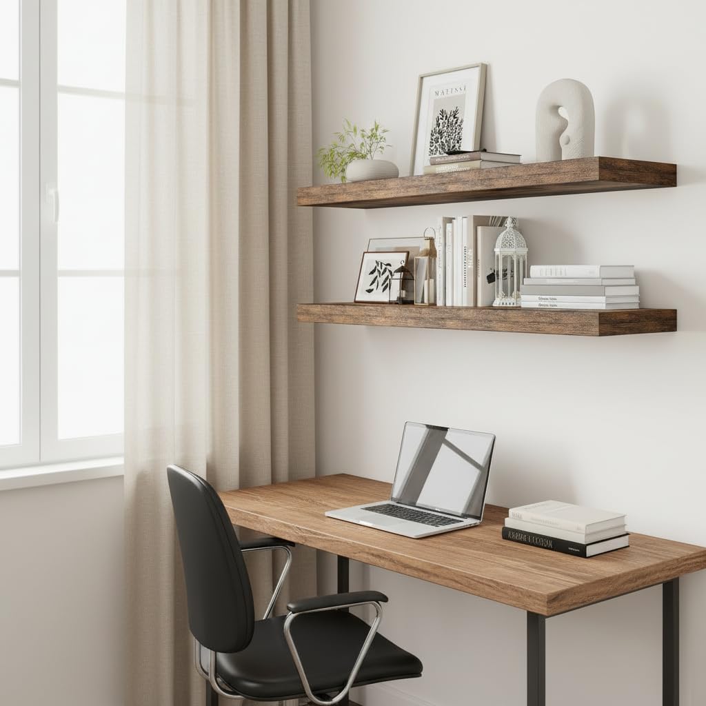 vivelove 12" deep floating shelves for wall 36" long, wall shelves for bedroom living room bathroom kitchen laundry room, farmhouse rustic shelves for home decor, 36" x 12" x 2" set of 2, rustic brown 35.4"w x 12"d x 2"h,set of 2 rustic brown