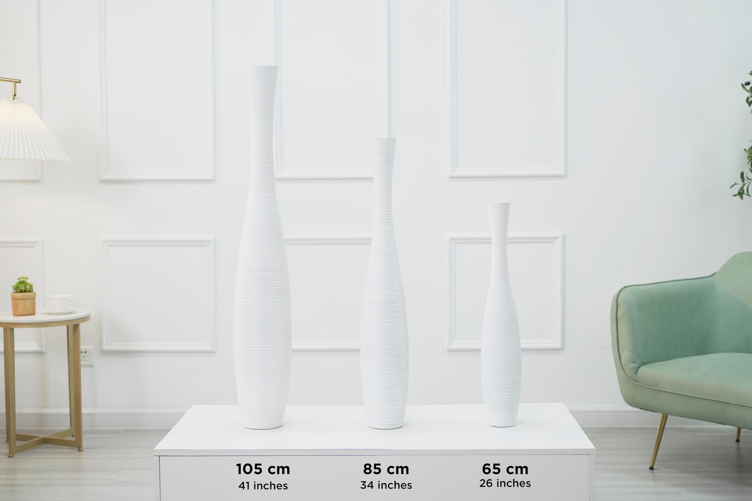 Leewadee Vaso Bianco Decorativo Per Fiori O Pampas Da Interno Da Terra, Alto 105 cm, Resina