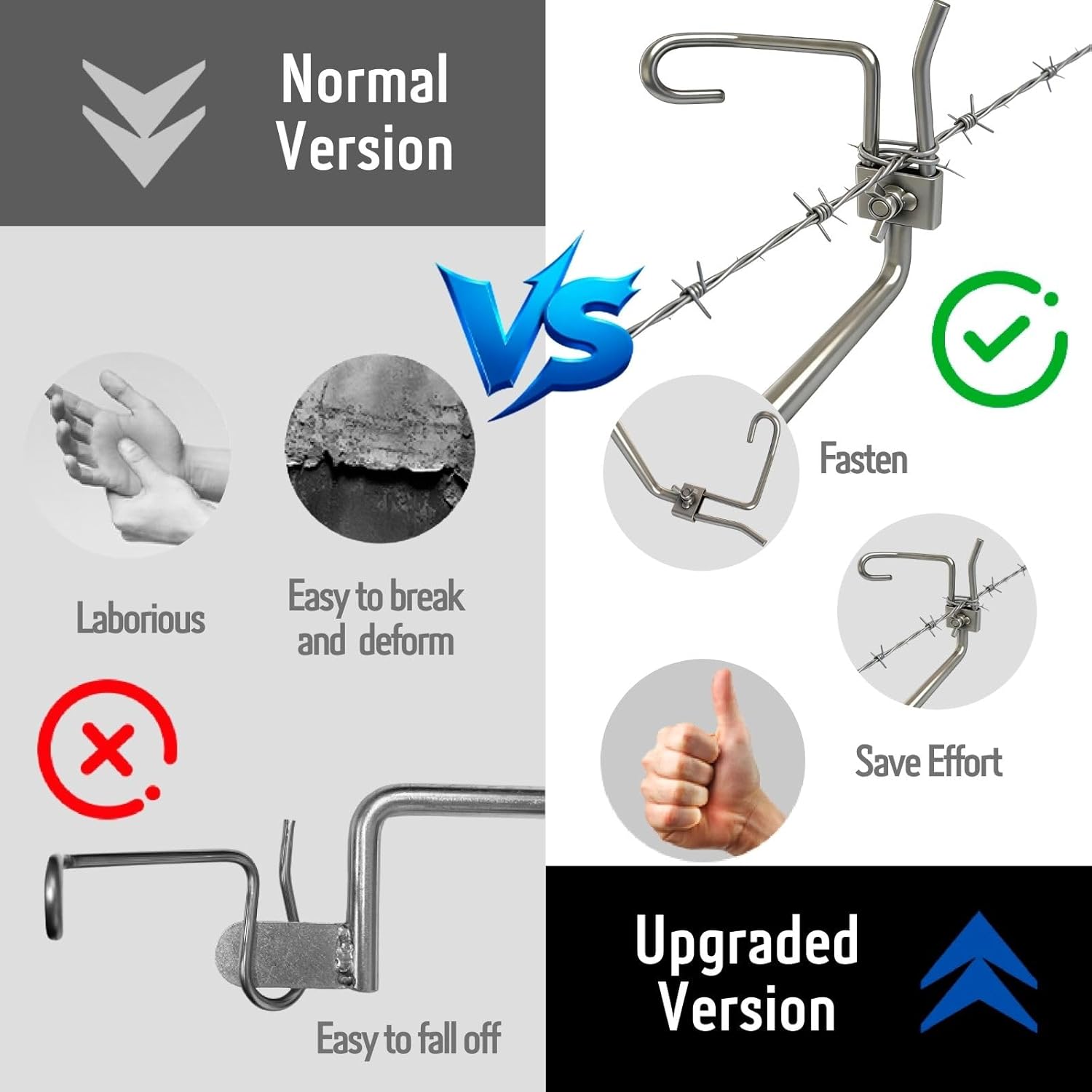 Fence Stretcher Tool Kit - 50-Pack 1/4" Wire Tightener Clips + Heavy-Duty Handle for Barbed Wire, Chain Link & Farm Fencing - Rust-Resistant Tensioner for Ranch, Garden, Pasture