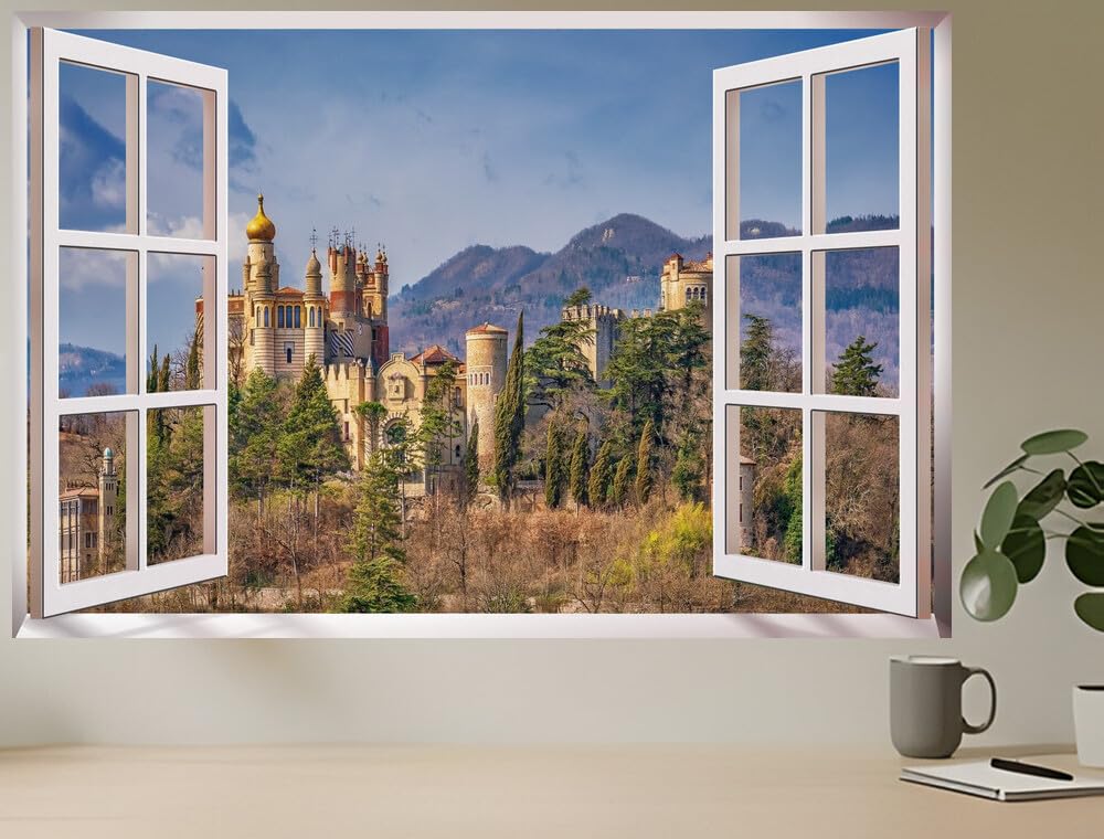 JZZC02149 Castles Italy Rocchetta Mattei Castle Grizzana| Self-Adhesive Open Window Wall Sticker