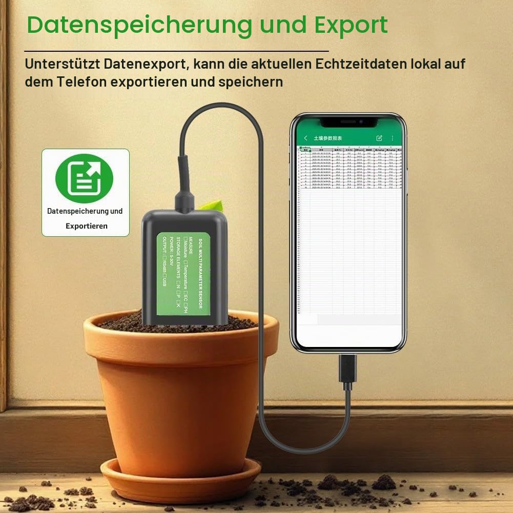 8-in-1 USB Bodenmessgerät, IP68 Wasserdicht Bodenfeuchtigkeitstester mit Echtzeit-App-Monitor, für Feuchtigkeit, Leitfähigkeit, Temperatur, PH, NPK Nährstoffe, Digitales Bodentester für Garten