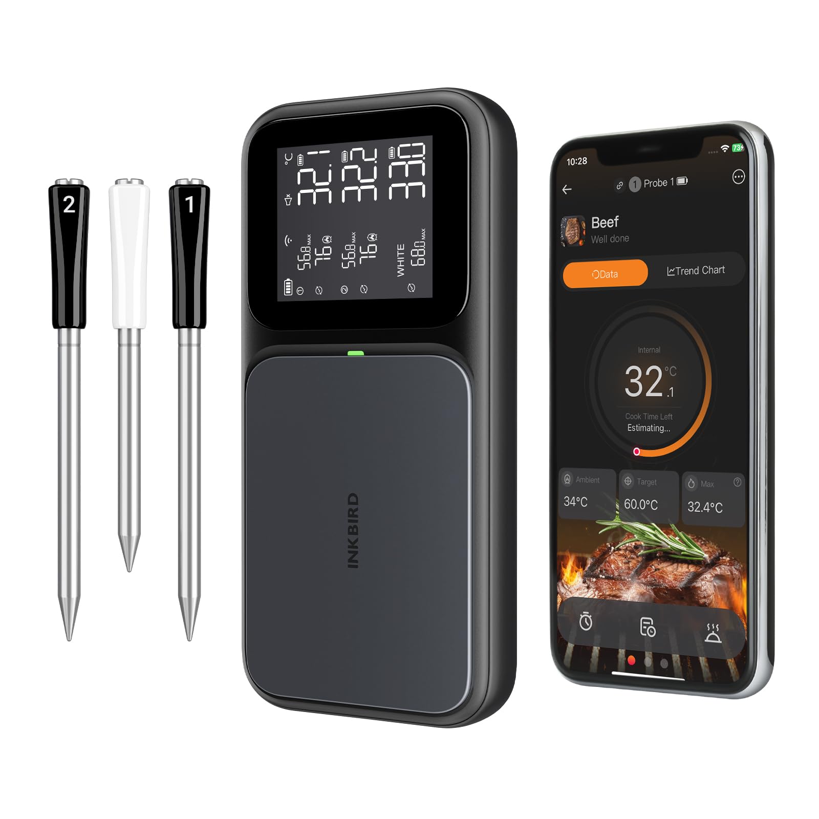 Inkbird INT-33-BW Fleischthermometer kabelloses, WiFi 5G und Bluetooth 5.4 Grillthermometer, 3 Sonden mit Multisensor-Sensoren, IP67 wasserdicht Bratenthermometer für BBQ, Backofen, Grill, Küche