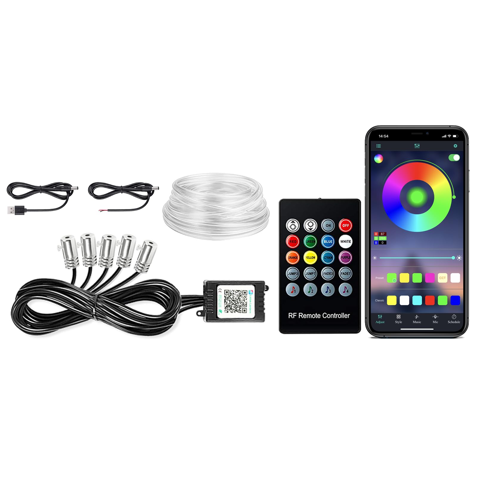 Interior Car Lights, SAMGCHI USB Car LED Strip Lights, Car Ambient Lighting Kit with 236 inches Fiber Optic, RGB EL Wire Lights APP and RF Remote Control Music Sync and DIY Mode DC 12V