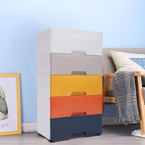 Miniatura 4 de DYRABREST Cómoda de plástico con 5 cajones, organizador de almacenamiento vertical alto, torre de almacenamiento vertical apilable para dormitorios,