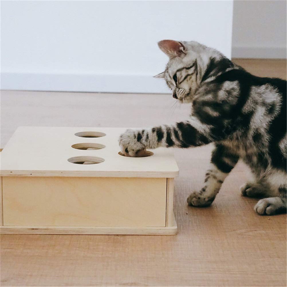 MU Gato Caza Juguete Chase Ratón Sólido Madera Interactiva Laberinto Mascota Hamster con 3/5-Holed Mouse Agujero Captura Mordedura Catnip Divertido Juguete,5 Hoyos