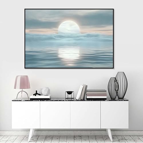 Lienzo retro con nubes de mar, luna y océano, arte de pared de luna, arte de pared de nube, arte de pared retro, decoración de playa para
