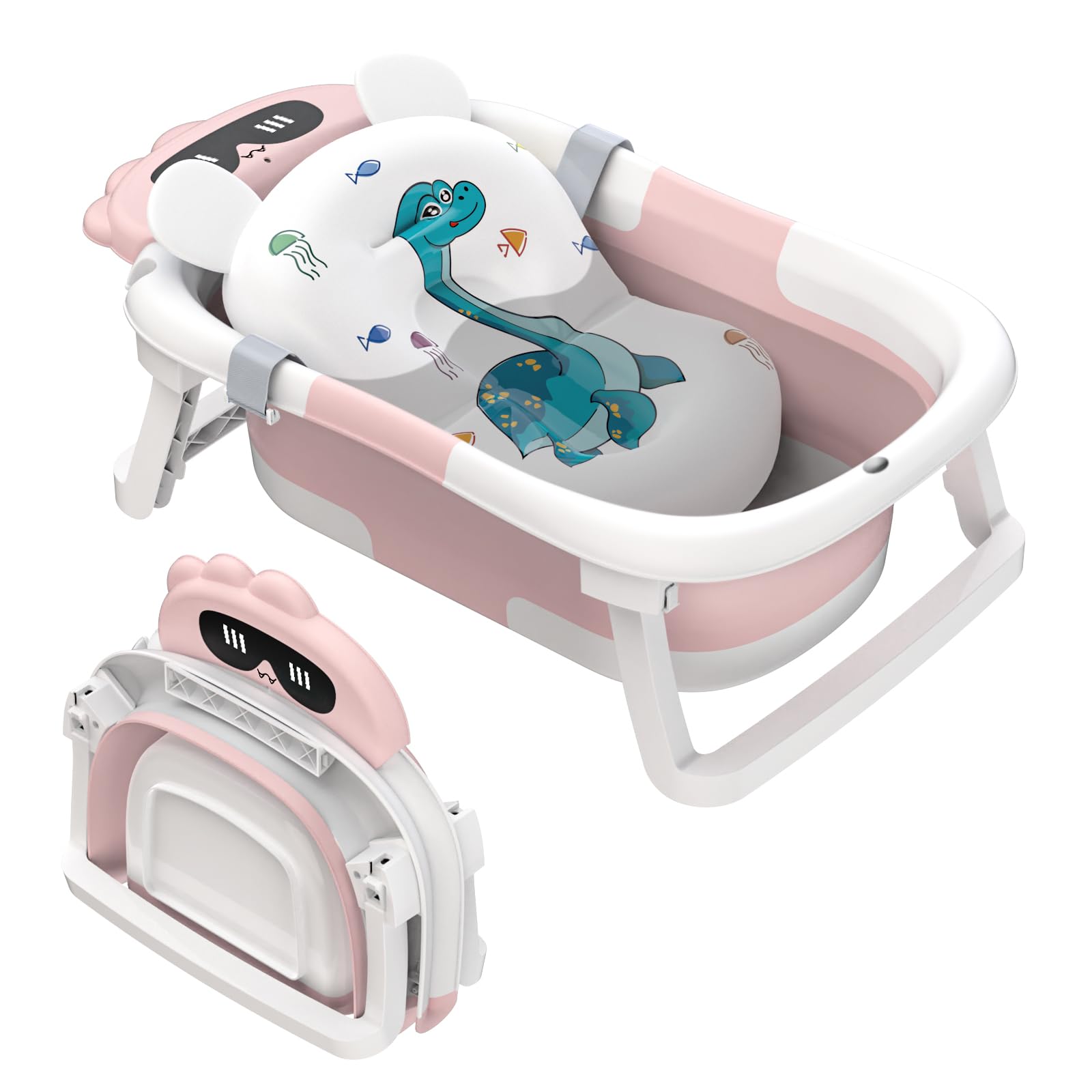 Baby Bath Tub Foldable, Baby Bath Essentials for Newborn with Non-Slip Mat Collapsible Toddler Bathtub Baby Bathtub Newborn to Toddler 0-24 Months Portable Travel Multifunctional Baby Bath Tub, Pink