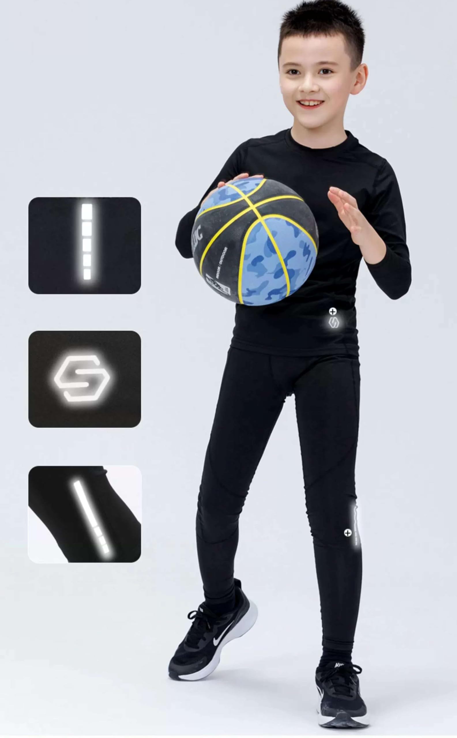 Echinodon Jungen Sportunterwäsche Fußball Reflektoren Schnelltrocknend Kinder Funktionsunterwäsche Set für Training Fitness Basketball