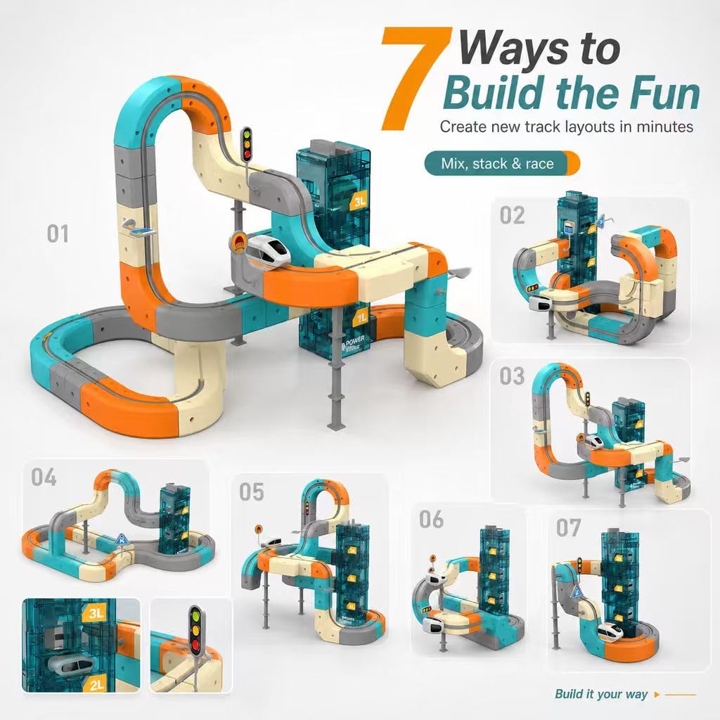 Electric Train Set, Set di treni elettrici con pista flessibile, layout 3D incorporati che sfidano la gravità e auto motorizzata, regalo di apprendimento per bambini 4 6 7 8 (75Pcs)