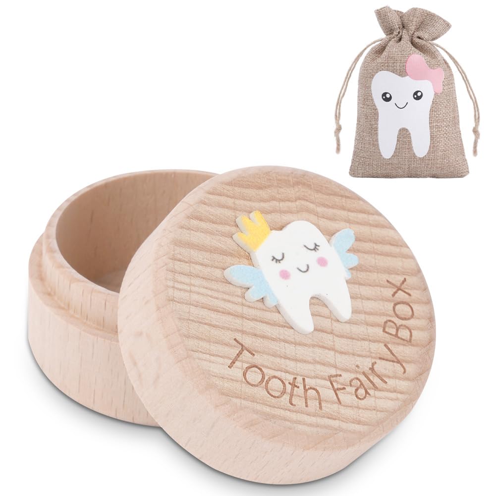 HOTUT Tooth Fairy Box,Zahndose Milchzahndose,Zahn Andenkenbox,Holz Milchzähne Box mit 3D geschnitzte Holzkiste,Zahndose Milchzähne für Jungen Mädchen Kinder Geburtstag Babyparty-Geschenk