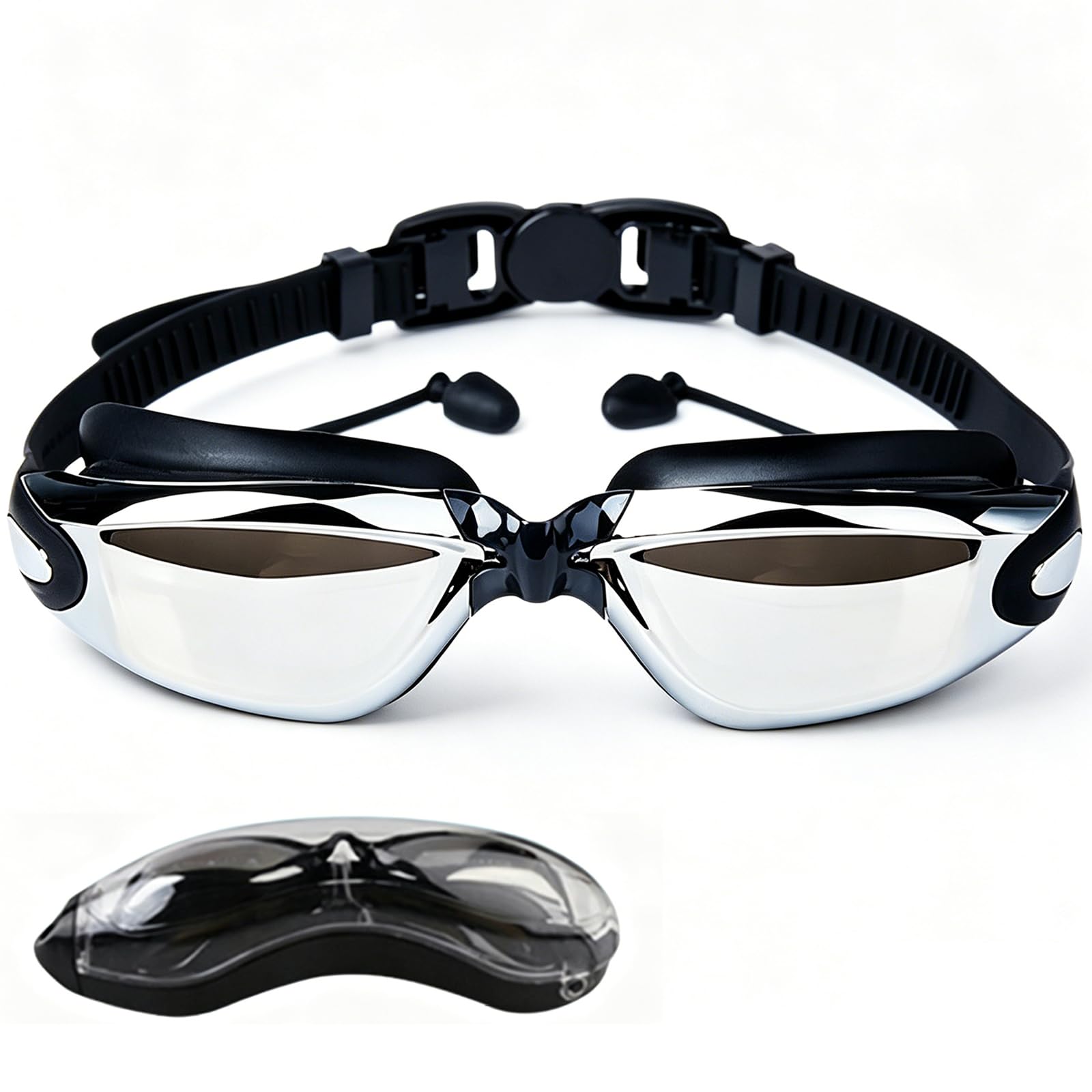 Swimming Goggles for Adults, Open Water Swimming Goggles, Protective with Case, Integrated Earplug Swimming Goggles Adjustable Silicone Strap For Adult Youth, Comfortable Fit for Pool and Open Water