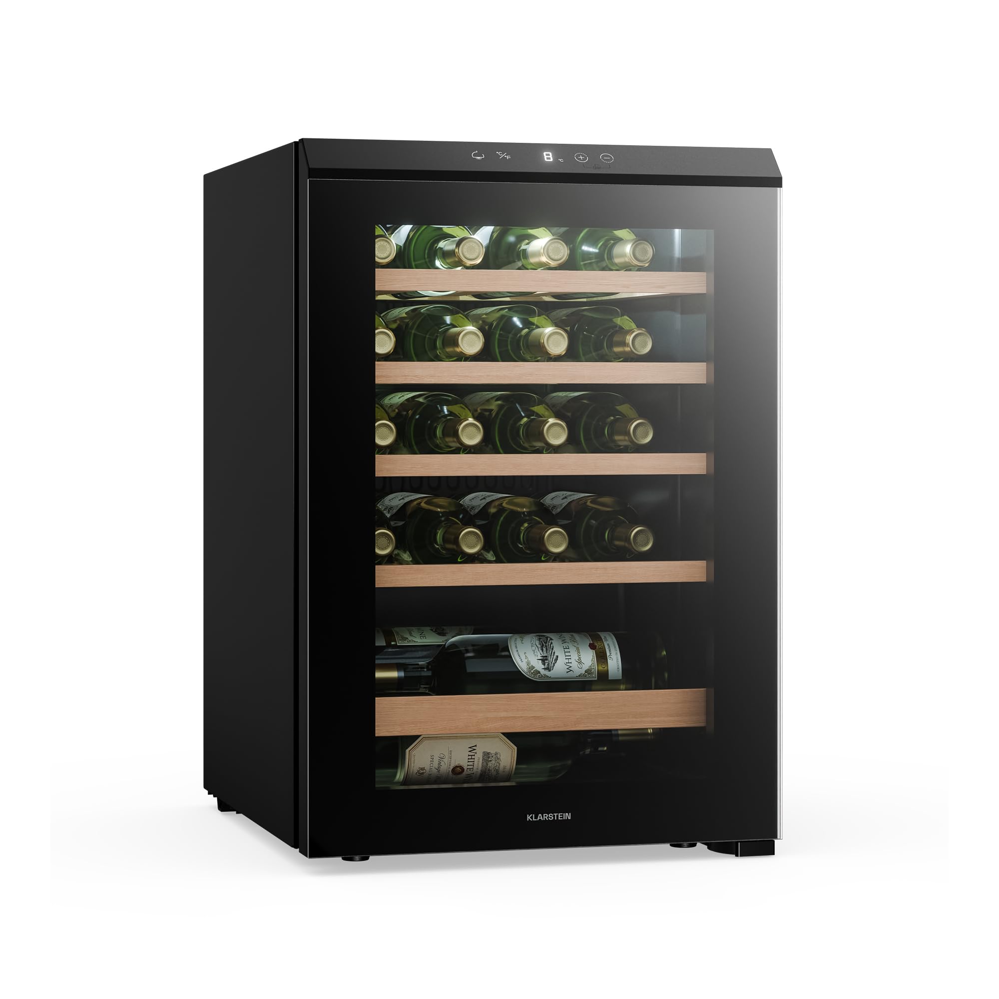 KLARSTEIN Bevora Réfrigérateur à vin 20 bouteilles – Cave à vin sur pied, commande tactile 4-18 °C, porte vitrée anti UV, éclairage LED, clayettes en bois