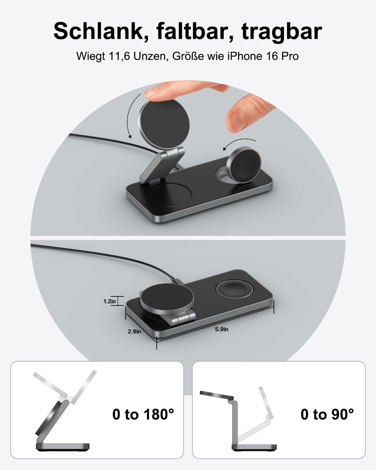 Kabelloses Ladegerät mit MagSafe, 3 in 1 Ladestation für Apple Faltbar Induktive Wireless Charger für iPhone 17e/17/16/15/14/13/12/Air, Apple Watch 10/9/8/7/6/SE/5/4/3/, AirPods Pro