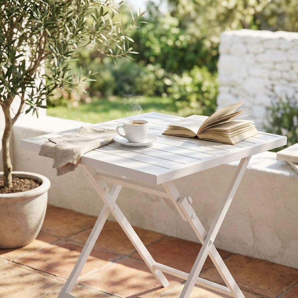 milani home - tavolo da giardino pieghevole, alluminio, pieghevole salvaspazio quadrato, 4 posti, bianco, piano 70 x 70 cm
